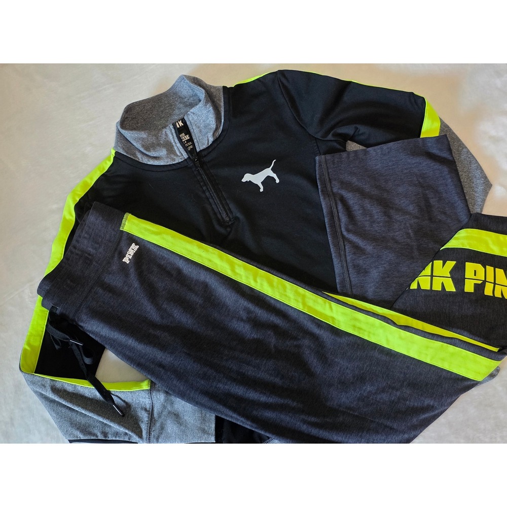 Victoria's Secret PINK Tracksuit Set S Black Gray Neon Green 1/4 Zip Yoga Pants